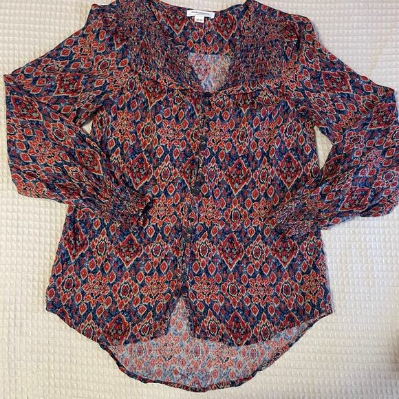 Beach Lunch Lounge Boho Red & Blue Boho Print Long Sleeve Cottage Core Blouse XS - Picture 5 of 9